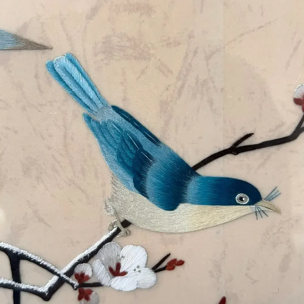 Framed Chinese Hand Embroidered Silk Bird on Cherry Blossom Tree w Stamps 17x17
